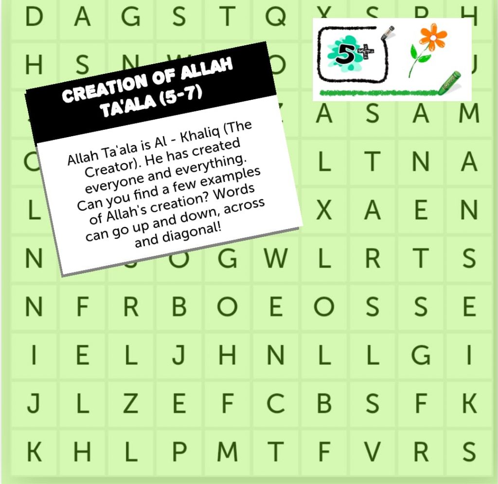 Word search 4 – Creation of Allah Ta’ala Age 5+